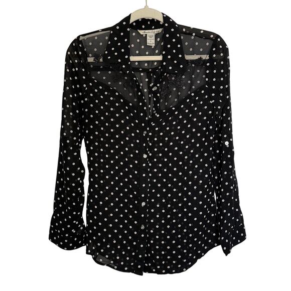 AMERICAN RAG Sz S Black & White Polka Dot Lace Shoulders Button Up Sheer | GUC - Picture 2 of 9